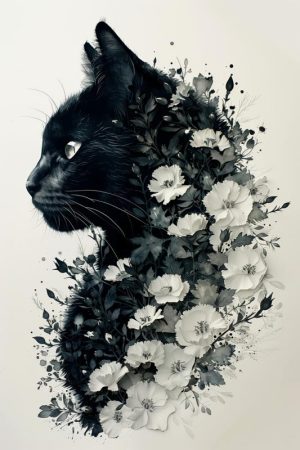 Zwart Kattenportret met Bloemen