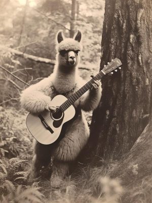 Lama met Gitaar in het Bos