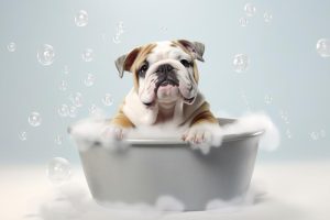 Schattige Bulldog in Bad