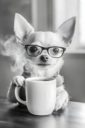 Chillende Chihuahua met Koffie