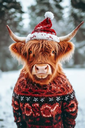 Feestelijke Hooglander met Kerstmuts
