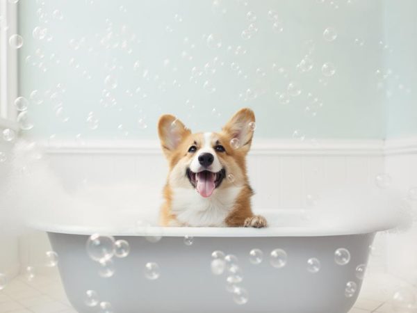 Blije Corgi in Bad!