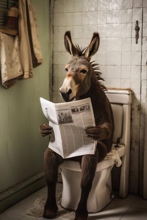 De slimme ezel op het toilet