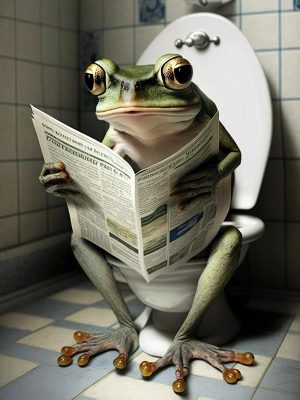 Kikker op de wc met krant