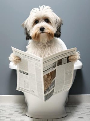 Hond met de krant op de wc!