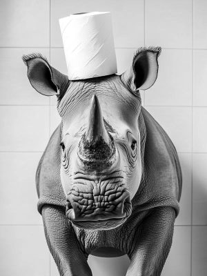 Een grappige neushoorn met toiletpapier!
