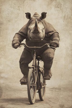 Lachende Neushoorn op een Fiets