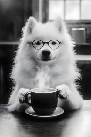 Studieuze Samojeed met Koffie