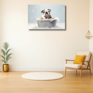 Schattige buldog in bad met bubbels