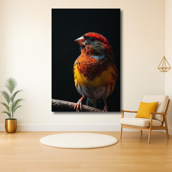 Veelkleurige vogel in profiel