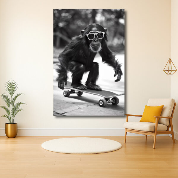 Aap op skateboard met zonnebril