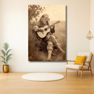 Leeuw met gitaar in sepia landschap