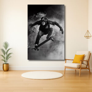 Skateboardende chimpansee in actie