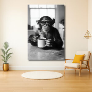 Chimpansee met bril en kopje koffie