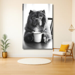Stijlvolle hond met bril en kop koffie