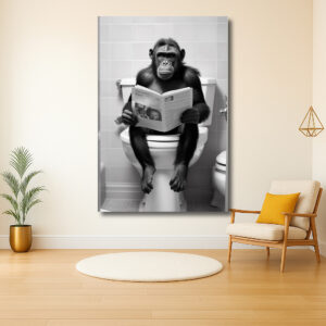 Chimpansee leest krant op toilet