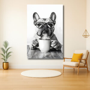 Bulldog met bril en koffie