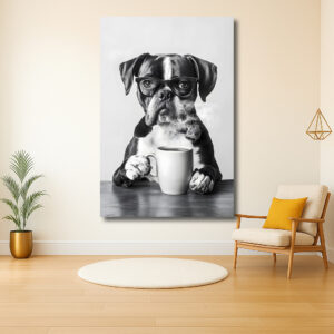 Stijlvolle hond met bril en koffiemok