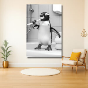 Pinguïn poetst tanden in badkamer