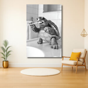 Schildpad in de badkamer tandenpoetsend