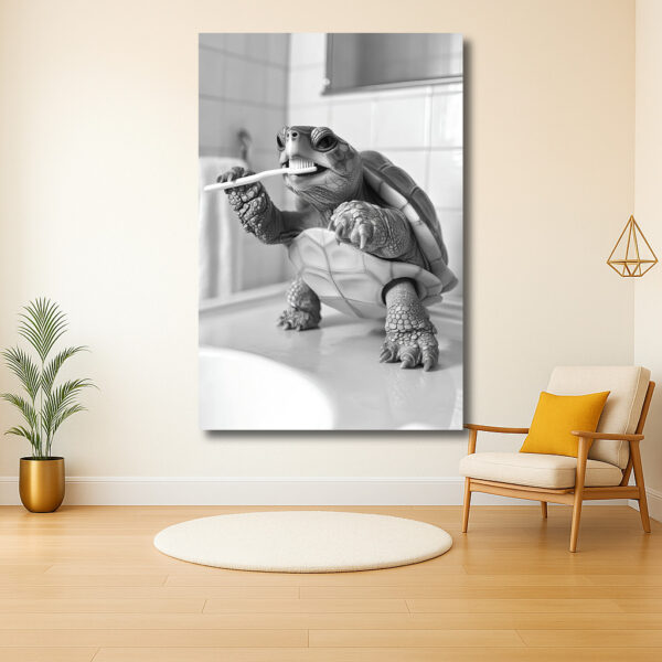 Schildpad in de badkamer tandenpoetsend