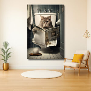 Kijkende kat met krant op het toilet