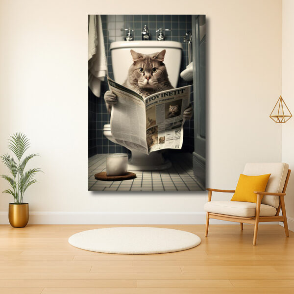 Kijkende kat met krant op het toilet