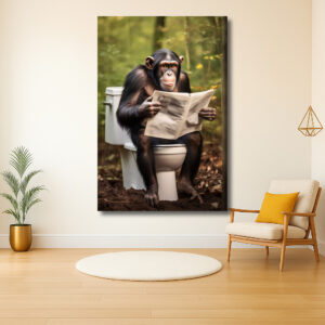 Chimpansee op toilet met krant in het bos