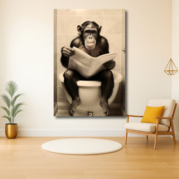 Chimpansee met krant op toilet
