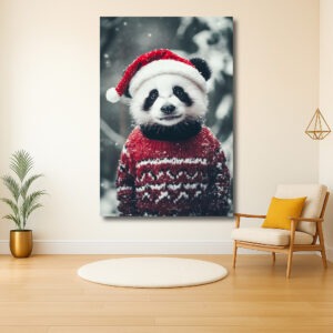 Panda in kersttrui onder sneeuwvlokken