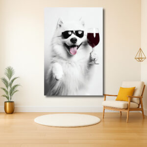 Hond met zonnebril en wijnglas