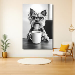 Hond met bril geniet van koffie