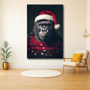 Gorilla in Kersttrui en Kerstmuts