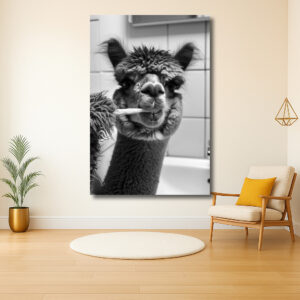 Lama in de badkamer met tandenborstel