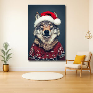 Wolf in kersttrui met kerstmuts