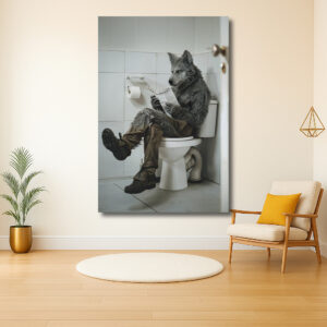Wolf in de badkamer met krant