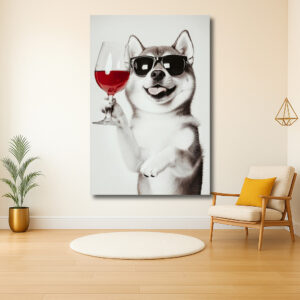 Vrolijke hond met een glas wijn