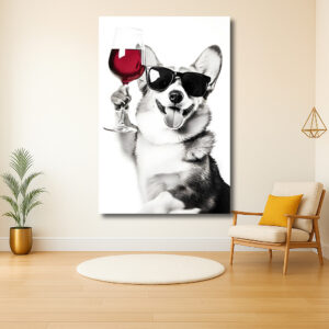 Trendy hond met zonnebril en wijnglas
