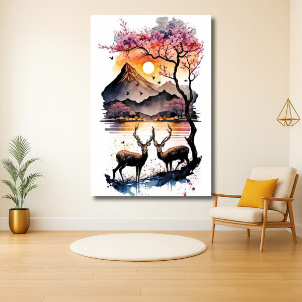 Berglandschap met Hertachtigen bij Zonsondergang