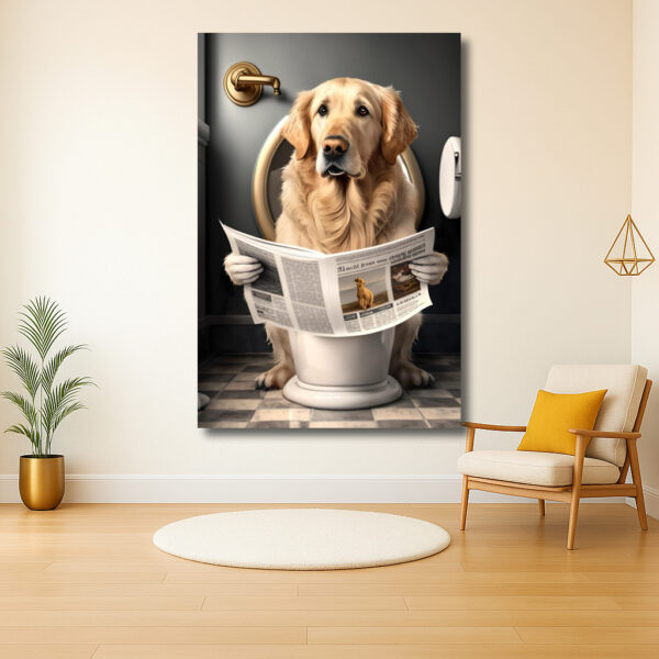 Hond leest de krant op het toilet