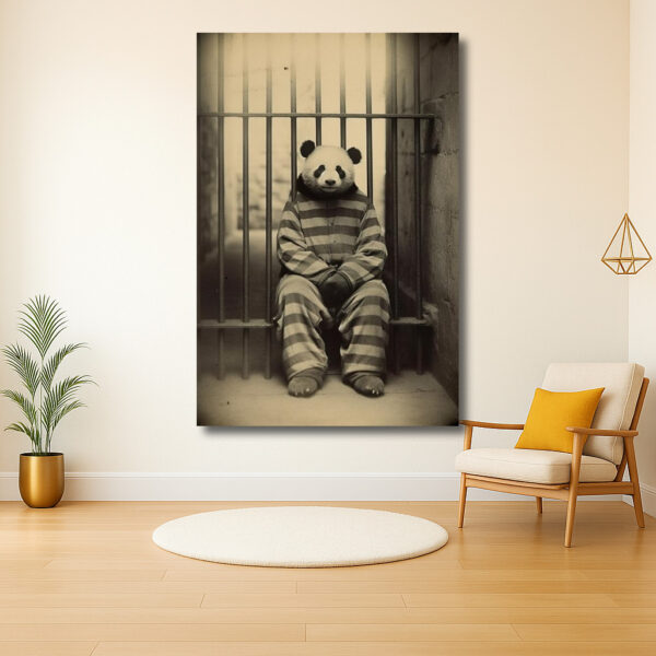Gevangen panda in gestreept pak