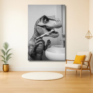 Dinosaurus poetst tanden in de badkamer