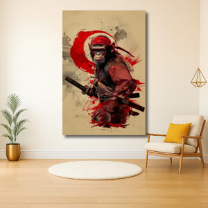 Samurai aap met zwaard en rode bandana