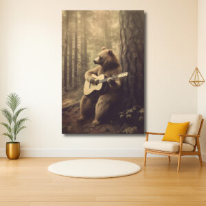 Beer speelt gitaar in het bos