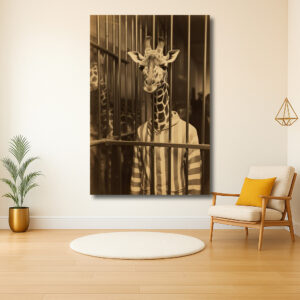 Giraffe in gestreepte pyjama achter tralies
