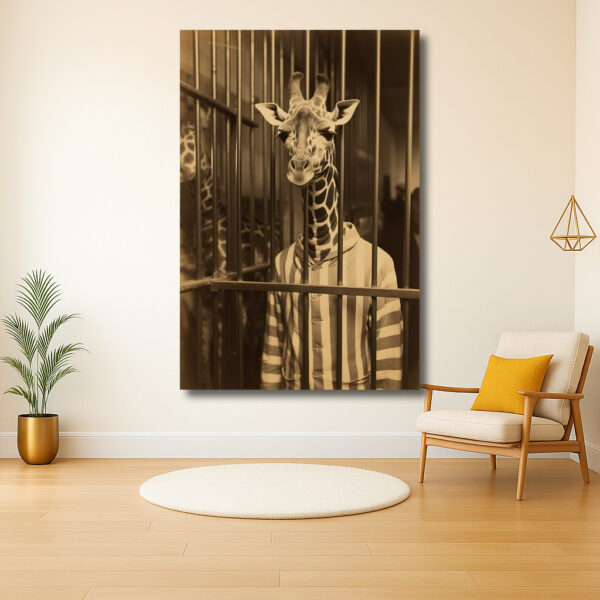 Giraffe in gestreepte pyjama achter tralies