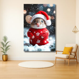Kerstmuis met rode trui in de sneeuw