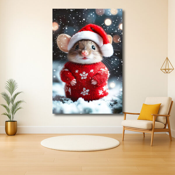 Kerstmuis met rode trui in de sneeuw