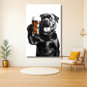 Hond met bierglas vol humor