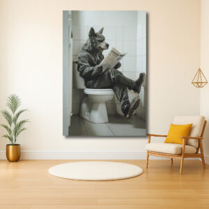 Wolf leest krant op toilet